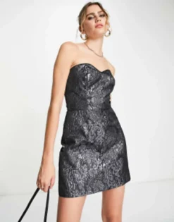 RIVER ISLAND || PULL & BEAR || ONLY Sales Store 5 French Connection Bandeau Mini Dress In Silver Jacquard