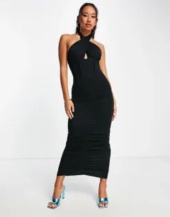 ASOS DESIGN Halter Corset Ruched Midi Dress In Black -RIVER ISLAND || PULL & BEAR || ONLY Sales Store 203128572 1 black 1
