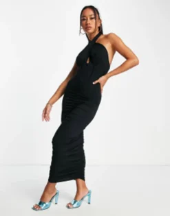 ASOS DESIGN Halter Corset Ruched Midi Dress In Black -RIVER ISLAND || PULL & BEAR || ONLY Sales Store 203128572 4