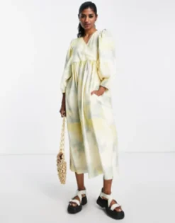 Edited Cotton Wrap Smock Dress With Balloon Sleeve In Yellow Tie Dye
