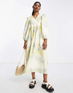 Edited Cotton Wrap Smock Dress With Balloon Sleeve In Yellow Tie Dye -RIVER ISLAND || PULL & BEAR || ONLY Sales Store 203146671 3