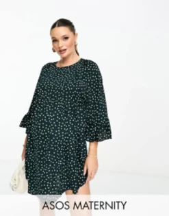ASOS Maternity ASOS DESIGN Maternity Batwing Sleeve Smock Mini Dress In Bottle Green Spot