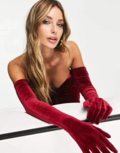 Rare London Bandeau Velvet Mini Dress With Gloves In Red -RIVER ISLAND || PULL & BEAR || ONLY Sales Store 203232113 3