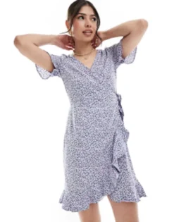 Only Frill Wrap Mini Dress In Lilac Ditsy Floral