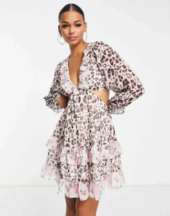 Miss Selfridge Chiffon Frill Detail Mini Dress In Mix Animal Floral