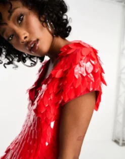 ASOS DESIGN All Over Feather Embellished Mini Dress In Red -RIVER ISLAND || PULL & BEAR || ONLY Sales Store 203240741 4