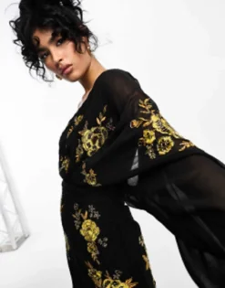 ASOS DESIGN One Shoulder Chiffon Mini Dress In Black With Marigold Floral Artwork -RIVER ISLAND || PULL & BEAR || ONLY Sales Store 203243253 4