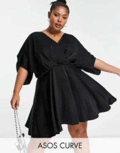 ASOS DESIGN Curve Batwing Sleeve Plunge Mini Dress In Black