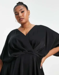 ASOS DESIGN Curve Batwing Sleeve Plunge Mini Dress In Black -RIVER ISLAND || PULL & BEAR || ONLY Sales Store 203243675 3