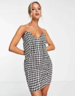 ASOS DESIGN Plunge Bandeau Mini Dress In Tweed Dogtooth