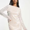 Kyo The Brand Sequin High Neck Flare Sleeve Mini Dress In Taupe
