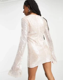Kyo The Brand Sequin High Neck Flare Sleeve Mini Dress In Taupe -RIVER ISLAND || PULL & BEAR || ONLY Sales Store 203265690 3