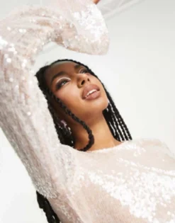 Kyo The Brand Sequin High Neck Flare Sleeve Mini Dress In Taupe -RIVER ISLAND || PULL & BEAR || ONLY Sales Store 203265690 4