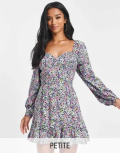Miss Selfridge Petite Corset Detail Frill Mini Tea Dress In Ditsy Print