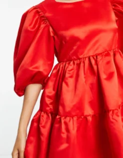 In The Style Petite Exclusive Satin Puff Sleeve Tiered Mini Prom Dress In Red -RIVER ISLAND || PULL & BEAR || ONLY Sales Store 203290251 3