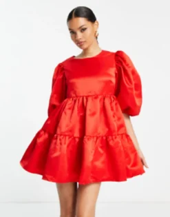 In The Style Petite Exclusive Satin Puff Sleeve Tiered Mini Prom Dress In Red -RIVER ISLAND || PULL & BEAR || ONLY Sales Store 203290251 4