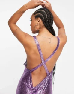 Simmi Embellished Chainmail Cowl Front Maxi Dress In Purple -RIVER ISLAND || PULL & BEAR || ONLY Sales Store 203291656 3