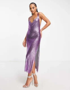 Simmi Embellished Chainmail Cowl Front Maxi Dress In Purple -RIVER ISLAND || PULL & BEAR || ONLY Sales Store 203291656 4