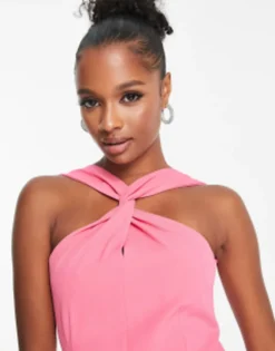 Vesper Petite Twist Front Halterneck Maxi Dress With Thigh Split In Pink -RIVER ISLAND || PULL & BEAR || ONLY Sales Store 203295566 3
