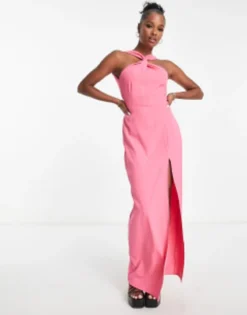 Vesper Petite Twist Front Halterneck Maxi Dress With Thigh Split In Pink -RIVER ISLAND || PULL & BEAR || ONLY Sales Store 203295566 4