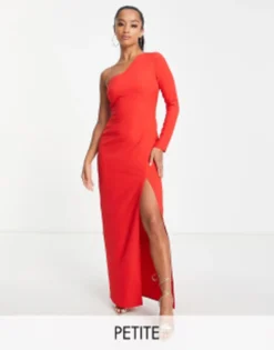 Vesper Petite One Shoulder Maxi Dress With Thigh Split In Red