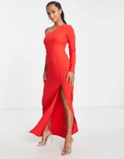 Vesper Petite One Shoulder Maxi Dress With Thigh Split In Red -RIVER ISLAND || PULL & BEAR || ONLY Sales Store 203295599 3