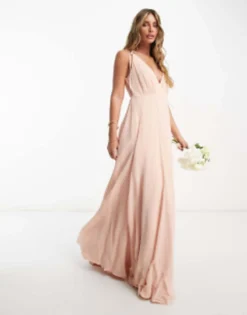 ASOS DESIGN Bridesmaid Cami Maxi Dress With Full Skirt And Self Tie In Blush