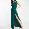 Femme Luxe Square Neck Front Spilt Maxi Dress In Emerald Green