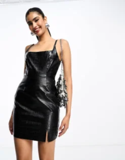 ASOS DESIGN Croc Leather Look Mini Slip Dress In Black -RIVER ISLAND || PULL & BEAR || ONLY Sales Store 203355476 4