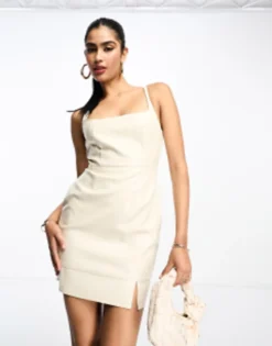 ASOS DESIGN Croc Leather Look Mini Slip Dress In Cream