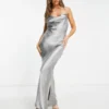 ASOS DESIGN Cami Maxi Slip Dress In High Shine Satin With Lace Up Back In Gunmetal