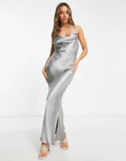 ASOS DESIGN Cami Maxi Slip Dress In High Shine Satin With Lace Up Back In Gunmetal