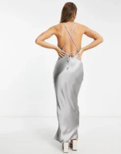 ASOS DESIGN Cami Maxi Slip Dress In High Shine Satin With Lace Up Back In Gunmetal -RIVER ISLAND || PULL & BEAR || ONLY Sales Store 203357062 4