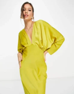 ASOS DESIGN Satin Pleated Plunge Maxi Dress With Open Back In Gold -RIVER ISLAND || PULL & BEAR || ONLY Sales Store 203357269 3