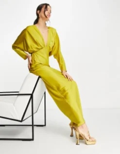 ASOS DESIGN Satin Pleated Plunge Maxi Dress With Open Back In Gold -RIVER ISLAND || PULL & BEAR || ONLY Sales Store 203357269 4