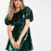 Miss Selfridge Occassion Sequin Volume Sleeve Mini Dress In Green