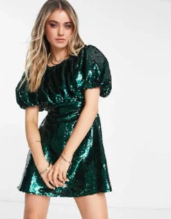 Miss Selfridge Occassion Sequin Volume Sleeve Mini Dress In Green