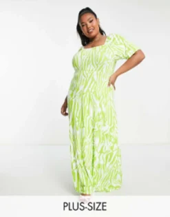 Yours Square Neck Maxi Dress In Green Zebra