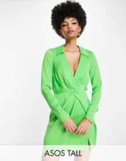 ASOS DESIGN Tall Satin Twist Mini Dress With Collar In Green