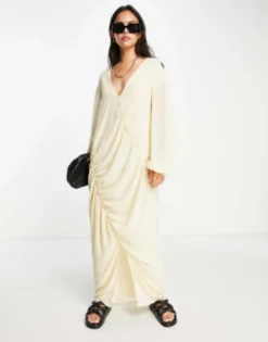 NA-KD Ruched Front Maxi Dress In Light Sand