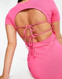 Monki Tie Back Mini Dress In Bright Pink -RIVER ISLAND || PULL & BEAR || ONLY Sales Store 203421148 4