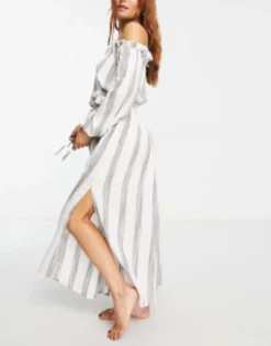 ASOS DESIGN Off Shoulder Maxi Beach Dress In Stripe -RIVER ISLAND || PULL & BEAR || ONLY Sales Store 203430391 4