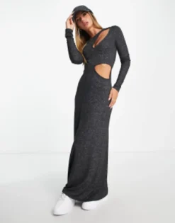 ASOS DESIGN Supersoft Long Sleeve Cut Out Detail Maxi Dress In Black Marl
