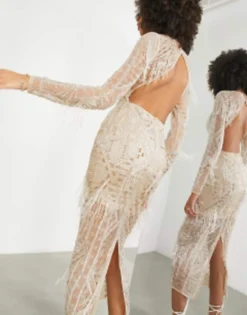 ASOS EDITION Embellished Open Back Maxi Dress With Beaded Fringe In Cream -RIVER ISLAND || PULL & BEAR || ONLY Sales Store 203447180 4
