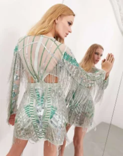 ASOS EDITION Sequin And Fringe Artwork Long Sleeve Bodycon Mini Dress In Soft Green -RIVER ISLAND || PULL & BEAR || ONLY Sales Store 203448570 3