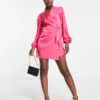 In The Style Exclusive Satin Wrap Detail Contrast Collar Reversible Mini Dress In Pink