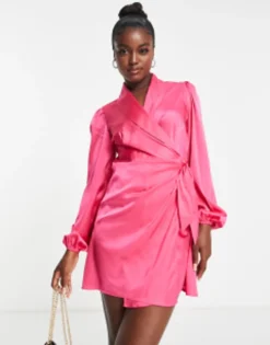 In The Style Exclusive Satin Wrap Detail Contrast Collar Reversible Mini Dress In Pink -RIVER ISLAND || PULL & BEAR || ONLY Sales Store 203454007 3