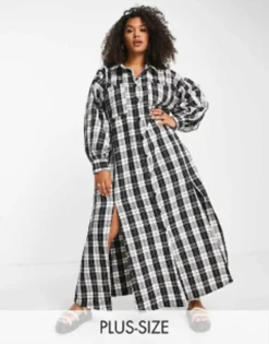 ASOS DESIGN Curve Boucle Maxi Shirt Dress In Mono Check