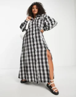 ASOS DESIGN Curve Boucle Maxi Shirt Dress In Mono Check -RIVER ISLAND || PULL & BEAR || ONLY Sales Store 203456053 4