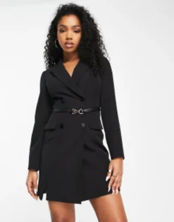 Miss Selfridge Double Breasted Blazer Dress With Belt In Black -RIVER ISLAND || PULL & BEAR || ONLY Sales Store 203478709 4